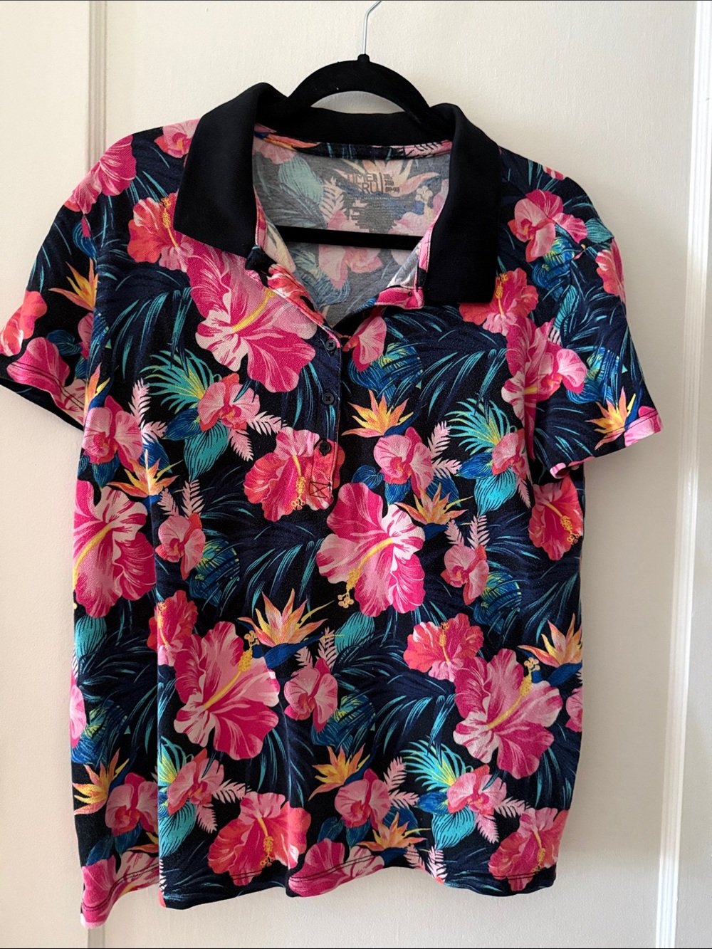 Time and Tru Tropical Floral Polo in Pink and Navy